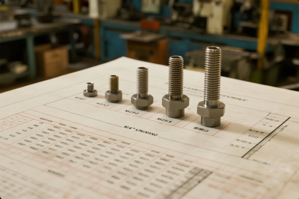 This image captures a row of precision-machined stainless steel bolts, arranged in ascending order by size on top of a detailed engineering drawing. The chart underneath features technical specifications, likely including thread dimensions and tolerances. The background shows a well-equipped industrial workshop with machinery, reinforcing the image's context of professional metal part manufacturing and quality control in a factory setting.