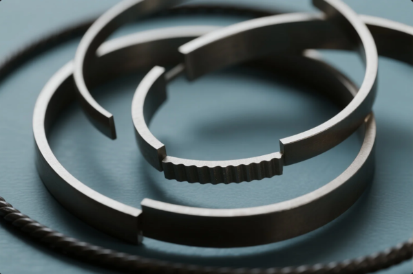 This image features a detailed close-up of multiple metal piston rings, including compression and oil control rings, arranged neatly on a blue background. The parts exhibit high-precision machining, with visible grooves and clean break points. These components are typically used in internal combustion engines to maintain cylinder pressure and control oil consumption, highlighting the importance of dimensional accuracy and surface finish in OEM applications.