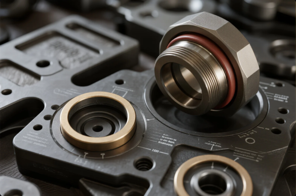 This image shows a detailed close-up of industrial mechanical components, including threaded connectors, brass and steel sealing rings, and precision-machined valve housing plates. The components are arranged on a black metal fixture with etched calibration markings, highlighting tight tolerances and high-precision manufacturing, commonly used in hydraulic, pneumatic, or fluid control systems for OEM machinery.
