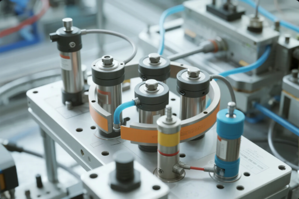 This image captures a high-precision pneumatic automation system used in industrial manufacturing. Multiple pneumatic cylinders are mounted on a metal baseplate, each connected with color-coded tubing for compressed air flow. The setup includes sensors, fittings, and control valves, illustrating a clean, organized layout typical in automated assembly lines or testing equipment. The system is designed for synchronized movement and efficiency in high-volume production environments.