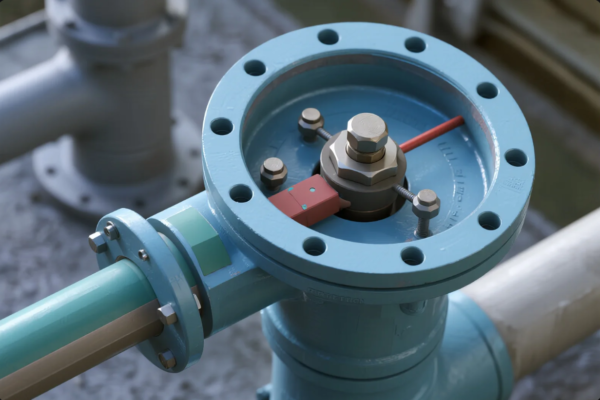 This image shows a close-up of a blue-painted industrial valve flange assembly installed on a pipeline system. The circular flange is fastened with multiple bolts, while the central hexagonal nut and threaded rods secure a valve actuator mechanism. A red lever component is connected to the internal control mechanism, indicating manual or mechanical flow control functionality. The setup is clean, corrosion-free, and indicative of a high-pressure fluid system typically used in water treatment, chemical processing, or oil and gas industries.