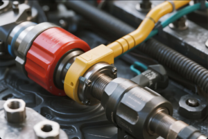 This image displays a close-up view of a high-precision industrial connector system used in automation or fluid control applications. The assembly features a red quick-release coupling, a yellow mechanical clamp, and a series of threaded connectors in metallic black. The components are secured with hex bolts, and several colored cables (yellow, teal) are routed into the assembly, suggesting an integration of mechanical and electrical systems. The background shows part of a machine or control unit, highlighting the component's use in high-performance or safety-critical environments such as manufacturing lines, robotics, or hydraulic systems.