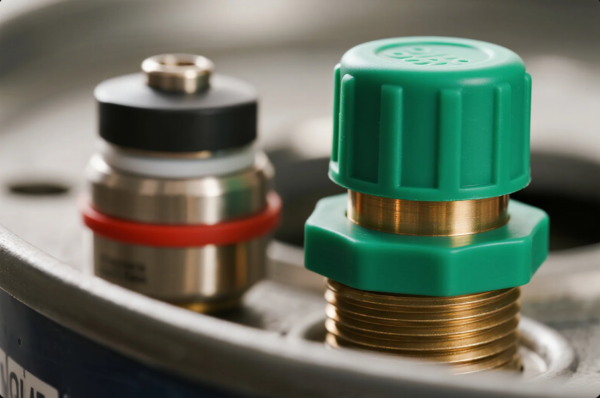 This image shows a macro shot of two precision-engineered valve fittings used in gas or fluid systems. The component on the right features a threaded brass base with a green plastic cap, commonly seen on pressure regulators or safety valves. The left component has a sleek stainless steel body with a black top and a red sealing ring, suggesting it may be a quick-connect valve or safety relief valve. Both fittings are securely mounted on the top surface of a pressurized container or tank, designed for high-performance industrial applications such as gas distribution, HVAC, or laboratory equipment.