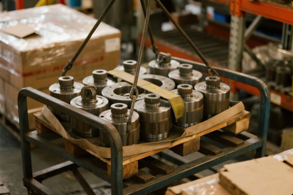 This image shows a set of large, precision-machined metal components—likely couplings, gears, or dies—carefully arranged on a wooden pallet. They are being lifted by steel wire rope slings attached to a crane or hoist. The scene is set inside a manufacturing or logistics warehouse, with shelves, packaged goods, and handling equipment in the background. The components appear to be robust, suggesting use in high-load mechanical or hydraulic systems. The setup reflects strict industrial handling standards and attention to part integrity during transportation or assembly.