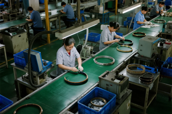 This image captures a modern industrial production line where several skilled workers, dressed in uniform work attire and gloves, are assembling or inspecting circular metal components on a green conveyor belt. The factory floor is clean and well-organized, with overhead lighting focused on each workstation. Blue plastic crates containing additional parts and tools are neatly placed beside each station. The components appear to be high-precision metallic rings, possibly for use in mechanical or automotive applications. The scene reflects efficient workflow, quality control, and a disciplined manufacturing environment.