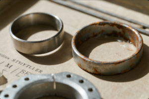 This close-up image shows two circular metal rings placed side by side on a light brown surface, possibly for corrosion testing or product comparison. The ring on the left is clean and polished, while the one on the right displays significant rust and oxidation along its inner and outer edges. Sunlight casts soft shadows, highlighting the surface textures and corrosion details. A third metallic component with drilled holes is partially visible at the bottom, reinforcing the industrial context of the scene. This image effectively illustrates the contrast between treated and untreated metal surfaces.
