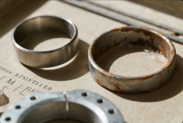 This close-up image shows two circular metal rings placed side by side on a light brown surface, possibly for corrosion testing or product comparison. The ring on the left is clean and polished, while the one on the right displays significant rust and oxidation along its inner and outer edges. Sunlight casts soft shadows, highlighting the surface textures and corrosion details. A third metallic component with drilled holes is partially visible at the bottom, reinforcing the industrial context of the scene. This image effectively illustrates the contrast between treated and untreated metal surfaces.