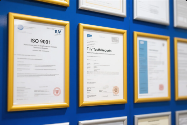 The image displays a section of a certification wall with multiple framed documents, prominently featuring an ISO 9001 certificate and a TÜV test report. The certificates are housed in yellow frames and affixed to a bright blue wall, reflecting the company's commitment to international quality standards and third-party verification. This type of display is typically found in the offices or lobbies of industrial manufacturers or suppliers to emphasize reliability, precision, and compliance with global industry regulations.