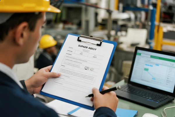 The image shows a male engineer or quality inspector in a yellow safety helmet reviewing a printed checklist or inspection report titled "SUPAER ABEUY" on a blue clipboard. He is holding a pen and appears to be conducting a factory floor audit or production assessment. In the background, another worker wearing a helmet is partially visible. On the desk next to him is an open laptop showing a project timeline or production performance chart. The industrial setting, safety gear, and technical documents highlight the focus on quality control, workflow management, and production oversight in a modern manufacturing environment.