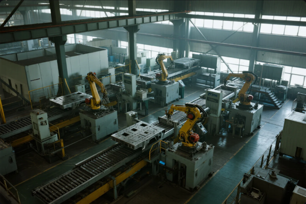 This image shows a state-of-the-art smart factory equipped with multiple yellow industrial robotic arms working in synchronized motion on heavy-duty production lines. The facility features roller conveyors, CNC machines, and automated stations branded with "Prime", indicating a high level of industrial automation and precision. Natural light streams through large windows, illuminating the advanced machinery and clean, organized environment. This setup reflects the integration of Industry 4.0 technology in large-scale metal component manufacturing.