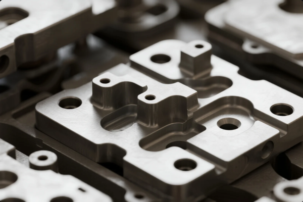 This high-resolution close-up image captures a group of precisely CNC machined metal components featuring complex geometric shapes, drilled holes, and clean edge finishes. The parts display high dimensional accuracy and smooth surfaces, typical of high-tolerance industrial applications in automotive, aerospace, or custom OEM manufacturing. The focus highlights the refined tooling and sharp lines, emphasizing quality and consistency in advanced metal machining processes.