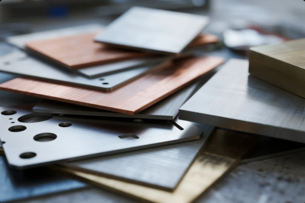 This image showcases a neatly stacked assortment of precision-cut metal sheets in multiple materials, including copper, aluminum, stainless steel, and brass. Each sheet features clean edges and varying surface finishes—some brushed, some polished, and some with pre-drilled holes and slots. These high-quality metal plates are typically used in industrial fabrication, custom parts manufacturing, and engineering applications where strength, conductivity, or corrosion resistance is required. The photo emphasizes material variety and machining precision.