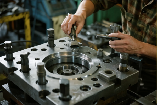 The image depicts a close-up of a technician's hands working on a high-precision industrial mold component. The large metal mold features multiple holes, threaded inserts, and a central circular cavity, indicating it is used for injection molding or die casting. The technician appears to be aligning or assembling specialized mold inserts or core pins using precision tools. The scene takes place in a professional workshop or manufacturing facility with visible equipment in the background, emphasizing technical skill and manufacturing accuracy.