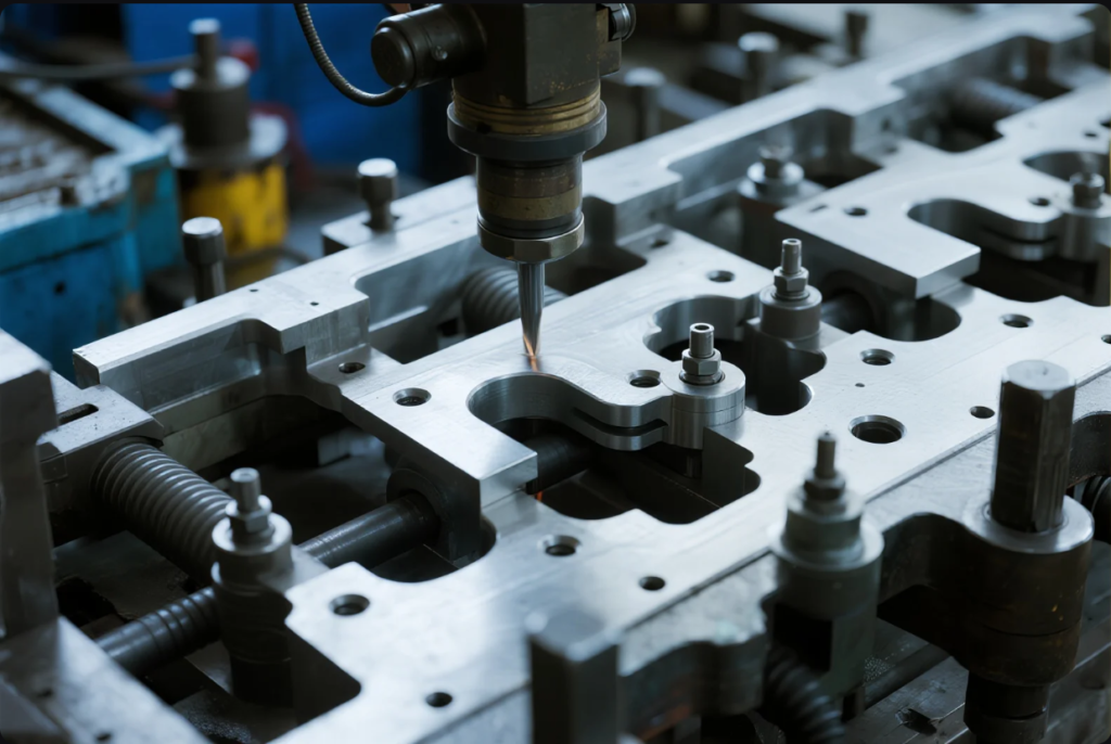 The image shows a close-up view of a CNC milling machine performing high-precision machining on a complex metal component. The end mill is actively engaged, emitting sparks as it cuts the inner contour of the part. The metal workpiece is securely clamped and surrounded by support bolts and guide pins, highlighting the detailed engineering involved. The environment suggests an advanced manufacturing setting focused on mold making or high-tolerance industrial components.