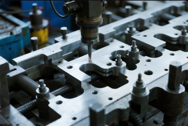 The image shows a close-up view of a CNC milling machine performing high-precision machining on a complex metal component. The end mill is actively engaged, emitting sparks as it cuts the inner contour of the part. The metal workpiece is securely clamped and surrounded by support bolts and guide pins, highlighting the detailed engineering involved. The environment suggests an advanced manufacturing setting focused on mold making or high-tolerance industrial components.