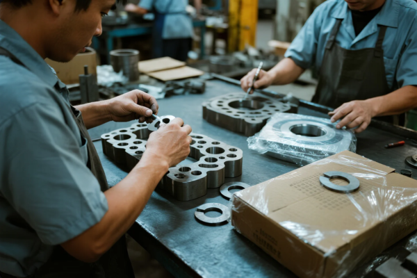 The image shows two factory workers in uniform carefully inspecting and assembling precision-machined metal gaskets at a workbench. The table is organized with circular and multi-hole components, some wrapped for protection and others laid out for processing. The scene highlights meticulous manual work in a controlled manufacturing environment, emphasizing quality control, packaging, and part inspection in the metalworking or automotive industry.