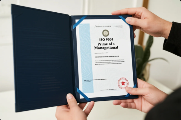 The image shows two hands holding an open certificate folder displaying an ISO 9001 certification. The document is issued to an organization named "Prime" for its compliance with international quality management standards. The certificate is neatly placed inside a dark blue presentation folder with corner straps holding it securely. A red verification seal and watermark elements enhance its authenticity, emphasizing the company's credibility in quality control and operational excellence.