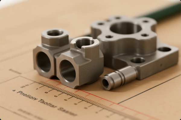 The image displays a close-up view of three precision-machined metal components—likely hydraulic or pneumatic fittings—resting on a technical engineering drawing. The parts feature threaded holes, chamfered edges, and smooth surfaces, indicating high-precision CNC machining. The background includes a ruler scale and measurement indicators, suggesting the parts are being inspected or documented for quality control and dimensional accuracy.