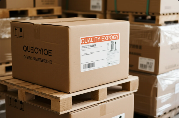 The image shows a sealed cardboard box labeled "QUALITY EXPOGY" sitting neatly on a wooden pallet in a warehouse environment. The box features shipping and handling icons as well as a printed barcode and tracking label. In the background, multiple other packaged boxes and pallets are visible, some wrapped in stretch film, indicating organized storage and outbound logistics operations.