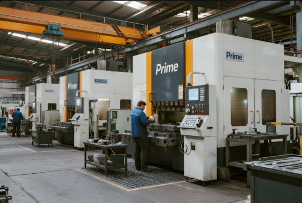 The image captures a spacious, high-tech manufacturing facility featuring several large CNC machining centers branded "Prime." A worker in a blue uniform is seen operating one of the machines, closely inspecting a component for quality. The machines are equipped with digital control panels, and overhead cranes and organized tool carts are visible in the background, highlighting the factory’s focus on efficiency, precision engineering, and modern industrial automation.