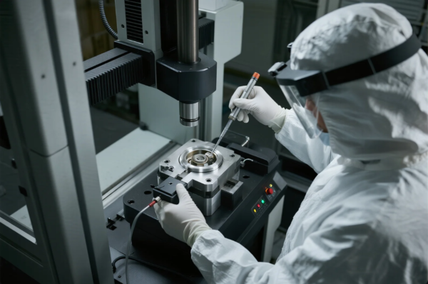 The image shows a technician dressed in a full cleanroom suit and face shield working in a highly controlled environment. They are performing a high-precision dimensional inspection on a machined metal component using advanced coordinate measuring machine (CMM) equipment. The setup emphasizes strict quality control procedures and clean manufacturing conditions, highlighting the importance of accuracy and contamination-free inspection in critical industrial applications.