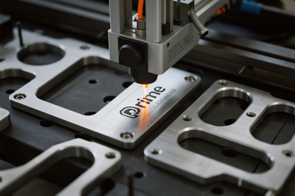 The image captures a high-precision laser engraving machine etching the “Prime” logo onto a polished stainless steel part. The surrounding metal components are positioned in a custom fixture, indicating a mass production or batch processing setup. The bright laser beam is visibly in action, showcasing modern industrial branding techniques used in OEM or custom metal fabrication processes.