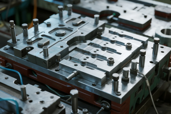 This image displays a detailed close-up of a custom-designed progressive stamping die, featuring multiple guide pins, ejector rods, and machined steel inserts. The die is mounted on a red base plate with internal wiring visible, showcasing its role in the automated fabrication of complex metal parts. The precision machining and robust construction reflect its critical use in high-volume manufacturing environments such as automotive, aerospace, or industrial hardware production.