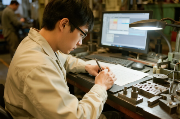 This image shows a male engineer seated at a workstation in a factory setting, concentrating on reviewing or creating technical engineering drawings. He is holding a pen and working with printed schematics while referencing a monitor displaying CAD software. The desk is organized with metal parts, measurement tools, and a task lamp, indicating a focus on precision and quality control in the design and production of mechanical components. This reflects the integration of digital design with hands-on manufacturing expertise.