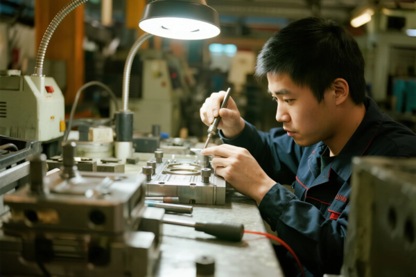 This image captures a focused technician in a navy-blue work uniform carefully polishing a metal mold component at a well-equipped workstation. The workspace is brightly illuminated by an overhead task lamp, highlighting the fine detailing work being performed with a handheld polishing tool. Surrounding the technician are various machining tools and mold bases, indicating a high-precision environment dedicated to mold maintenance or finishing in a manufacturing or tool-and-die facility. The scene emphasizes craftsmanship, attention to detail, and technical expertise in mold making.