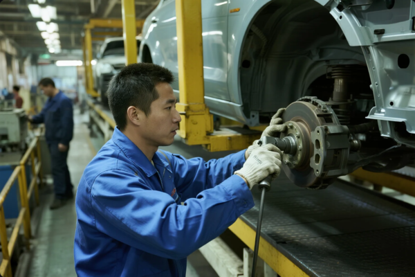 The image shows a skilled technician in a blue uniform and protective gloves working on the assembly of a vehicle brake system in an automotive manufacturing facility. The car body is mounted on a yellow assembly line structure, and the technician is using a pneumatic tool to secure parts around the brake disc and caliper. Other technicians and equipment are visible in the background, indicating a busy, well-organized industrial environment. The scene highlights precision assembly work and the structured workflow typical of high-volume vehicle production lines.