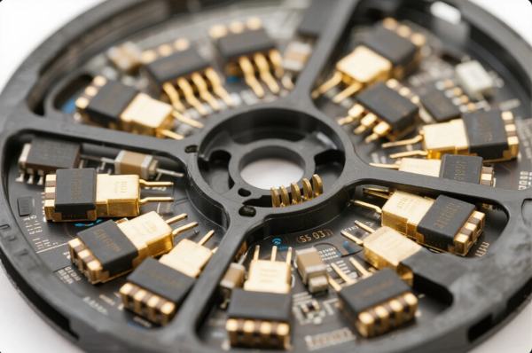 The image presents a detailed close-up of a circular printed circuit board (PCB) equipped with gold-plated electronic components. These components, likely transistors or integrated circuits, are symmetrically arranged around a central black plastic hub. The fine gold pins indicate high conductivity and precision, suggesting that the assembly is part of a high-performance electronic or aerospace system. The layout and material quality imply a focus on durability, reliability, and signal integrity in advanced industrial or commercial applications.