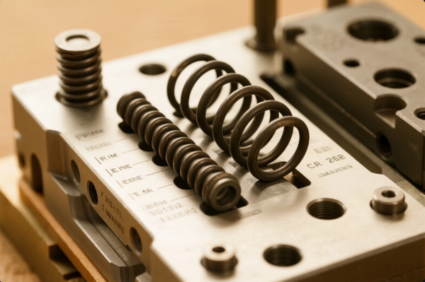 This image captures a detailed close-up of several metal compression springs placed on a high-precision die mold base. The springs are neatly arranged across milled channels on the metallic surface, which is marked with engraved reference codes and dimensional indicators. The image highlights the importance of spring-loaded components in mold tooling, often used to ensure consistent pressure and part ejection in stamping and injection molding processes. The lighting and shallow depth of field emphasize the craftsmanship and accuracy of industrial tooling components.