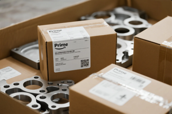 This image displays a neatly packed shipment of industrial hardware components. In the center are cardboard boxes clearly labeled with the "Prime" brand, featuring shipping information, barcodes, and QR codes. Surrounding the boxes are precision-machined metal parts with multiple circular cutouts, likely used in CNC or stamping applications. The organized packaging suggests a focus on quality control and professional export logistics for B2B industrial clients.