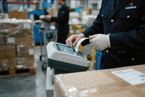 This image shows a customs officer in a navy uniform and white gloves handling a roll of printed labels at a touchscreen terminal. The scene is set in a warehouse filled with sealed cardboard boxes stacked on pallets, indicating an export inspection process. In the background, another officer is engaged in similar tasks, ensuring that all packages meet regulatory standards before shipment. The image highlights the importance of customs clearance and traceability in international logistics and supply chain operations.