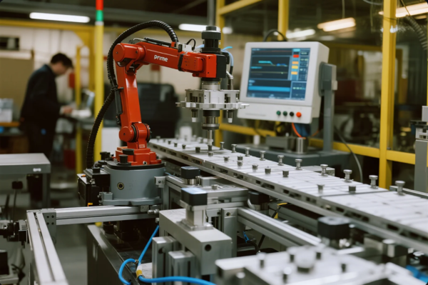 This image captures a high-tech manufacturing environment featuring a red industrial robotic arm marked with the brand "Prime." The robotic arm is actively assembling or manipulating small components along a precision conveyor system. In the background, a control monitor displays real-time performance and system diagnostics. The setup is enclosed in a clean and modern production space, reflecting advanced automation, efficiency, and smart factory operations in the industrial manufacturing sector.