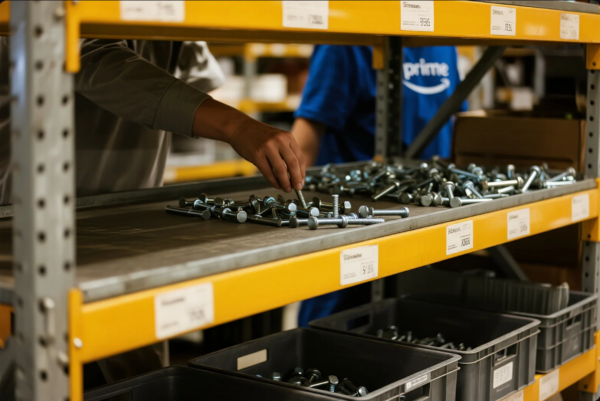 This image shows a worker sorting metal bolts on a yellow-labeled industrial shelf in a warehouse. The bolts are arranged in piles, with multiple plastic bins below the shelf for additional storage. Another person in a blue "Prime" branded shirt can be seen in the background, highlighting a structured and organized parts inventory system typical in hardware manufacturing or distribution centers.