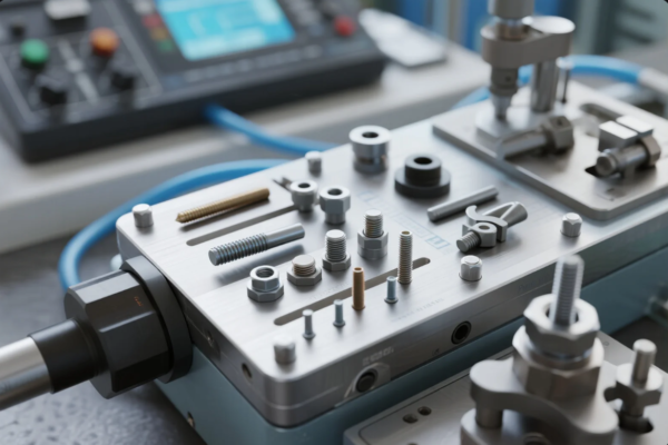 This image shows a precision industrial testing station used for evaluating screws, bolts, and threaded components. The metallic fixture is neatly organized with different types and sizes of fasteners inserted into labeled slots, indicating a setup for quality control or mechanical compatibility testing. In the background, control equipment with a display screen and indicator buttons is visible, suggesting a high-precision, automated inspection environment typical in advanced manufacturing or laboratory settings.