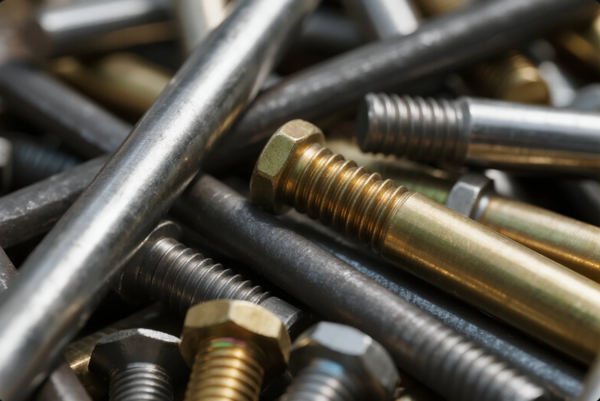 This macro shot captures a detailed view of multiple threaded metal fasteners, including bolts and rods, in a variety of finishes such as stainless steel, black oxide, and brass. The image highlights the texture, threading, and material diversity of the hardware, making it ideal for showcasing industrial components used in mechanical assembly, machining, or custom OEM production.
