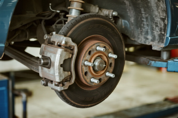 This image shows a detailed view of a car’s front wheel brake system, including a rusted brake disc, exposed hub bolts, and a metallic caliper mounted on the suspension. The vehicle is lifted on a service platform, suggesting it is undergoing repair or routine inspection. The photo highlights the complexity and wear of automotive mechanical components.