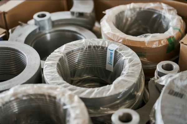 This image showcases a collection of heavy-duty machined metal components, specifically large threaded rings, partially wrapped in plastic film for protection. The parts are organized in cardboard boxes, indicating they are ready for storage or shipment. These components are likely used in high-pressure or large-scale mechanical systems such as pipelines, hydraulic assemblies, or custom industrial equipment.
