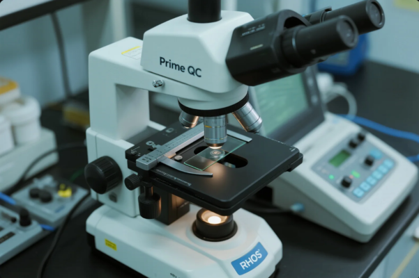 A high-precision microscope branded "Prime QC" is shown in a laboratory environment, set up for quality control analysis. The device is equipped with multiple objective lenses and an illuminated stage holding a glass slide. In the background, advanced measurement and diagnostic equipment can be seen, indicating the setting is part of a modern quality assurance or R&D lab for industrial or scientific applications.