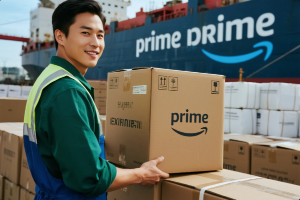 A logistics worker in a green uniform and safety vest smiles while carrying a large cardboard box labeled "Prime" with the Amazon-style logo. In the background, a large cargo ship also displays the word "Prime" prominently, indicating a busy shipping and export operation. Numerous packaged goods and containers are stacked around the port area, emphasizing global logistics and e-commerce fulfillment.