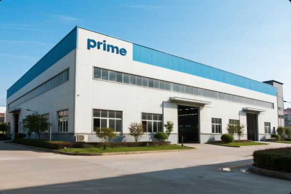 A wide-angle shot of a modern industrial facility labeled "Prime" on the facade. The building features large windows, blue accents along the roofline, and multiple wide entry bays. The clean surroundings and well-manicured landscaping reflect a professional and organized manufacturing environment, likely specializing in hardware or precision parts production.