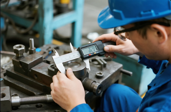 A precision engineer wearing a blue uniform and safety helmet uses a digital caliper to measure the outer diameter of a cylindrical metal component. The reading on the caliper display shows 20.29 mm. The setting is an industrial workshop or machine shop, with metal fixtures, bolts, and mechanical equipment visible in the background, highlighting quality control in manufacturing.