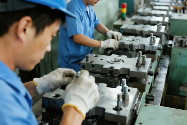 Two factory workers wearing blue uniforms, gloves, and safety helmets are assembling or inspecting large metal die sets on a production line. The image shows multiple die sets aligned in a row, indicating a precise and organized manufacturing process, likely for metal stamping or injection molding operations. The environment suggests a modern, clean industrial facility focused on tooling and high-volume production.