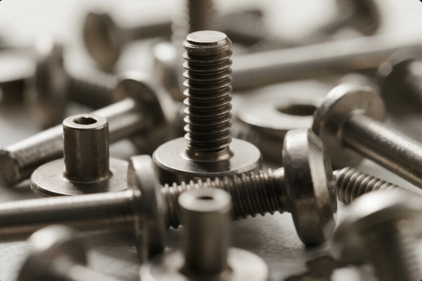 A detailed macro shot of various precision-engineered metal screws and fasteners. The image highlights the threads, hex heads, and smooth finishes of the stainless steel components, arranged in a scattered layout. These parts are commonly used in industrial assemblies, CNC machining, or mechanical fastening applications, showcasing high-quality manufacturing standards.