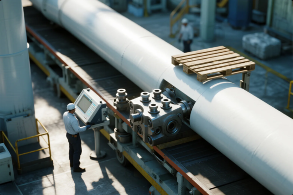 A factory technician in safety gear monitors a control panel adjacent to a massive industrial pipeline system. Attached to the pipe is a complex assembly of metal valve components, indicating high-pressure or fluid flow applications. The manufacturing environment features a clean and structured layout with walkways, guardrails, and additional personnel in the background, highlighting advanced production and quality control processes.