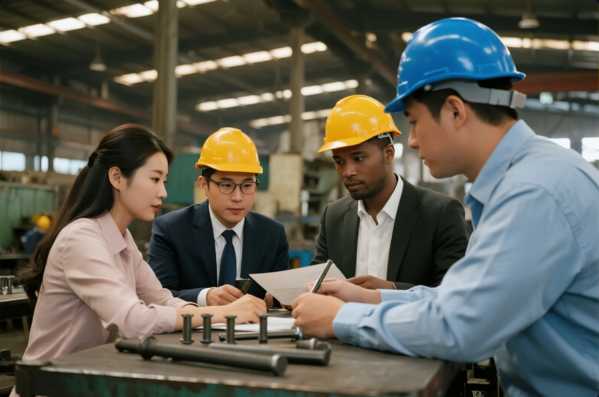 A diverse group of engineers and business professionals wearing safety helmets collaborates at a workstation inside a manufacturing facility. They are examining technical documents and fasteners laid out on a metal table, reflecting a professional discussion focused on product design, quality inspection, or production planning. The industrial background with machinery and structural elements emphasizes a real-world engineering environment.