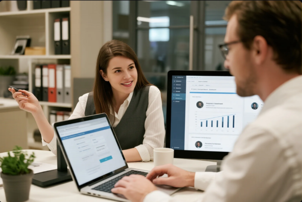 A smiling woman and a man are engaged in a discussion at a contemporary office desk. Both are working on laptops and referencing analytics dashboards displayed on a large monitor, showing user performance metrics and bar graphs. The setting features an organized background with file storage, suggesting a collaborative meeting focused on digital marketing, business intelligence, or sales performance analysis.