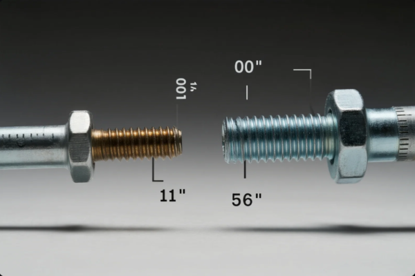 A detailed side-by-side comparison of two threaded bolts, one with a brass finish and the other with a zinc coating. The image includes labeled measurements such as thread pitch and length in inches, demonstrating precision engineering and dimensional accuracy in fastener manufacturing. The background is gradient gray, emphasizing the metallic texture and technical focus.
